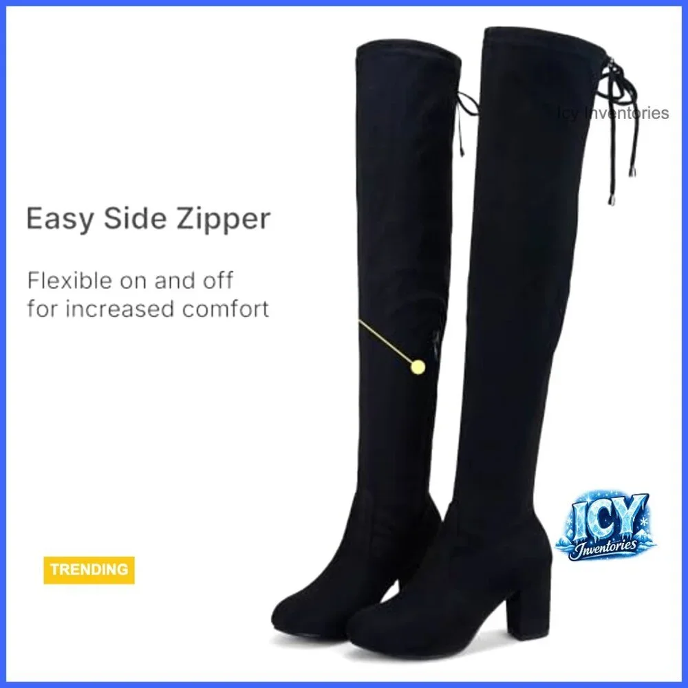 Suede Over The Knee Boots with 3 Inch Chunky Heels Zipper